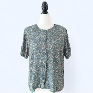 Vintage 80s Green Floral Cottagecore Button Up Short Sleeve Shirt Large